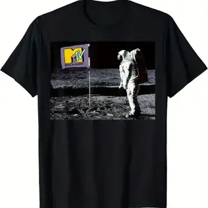 [Fun Design Graphic T-Shirt] MTV Man On The Moon Logo Flag Graphic Short Sleeve T-Shirt Cotton Fun Design DIYMen's Soft breathable Summer and winter comfortable casual sports Halloween and Christmas gifts Menswear Top