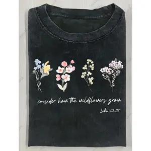 Vintage Batik Washed Women T-Shirt with Wildflower Blooming Print Featuring Luke 1227 Bible Verse Soft Pastel Floral Design Casual Round Neck Top for Spring Summer and Fall