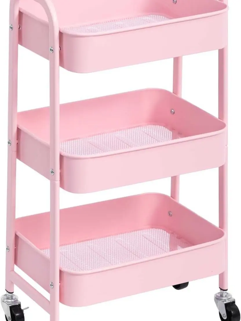 Pink 3-Tier Metal Utility Rolling Cart with Lockable Wheels, Heavy Duty Multifunctional Mobile Storage Organizer Cart, Open Shelving Trolley for Kitchen, Bathroom, Office, Living Room, Makeup, Craft Room, Art Studio & Dorm Storage