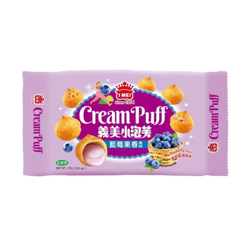 I-Mei Bite-Sized Crispy Blueberry Cream Puffs, Asian Snacks and Pastries, Ambient Storage, Contains Dairy, High Carb Egg-Based Sweet Dessert Snack, All Ages - 57g, Room Temp