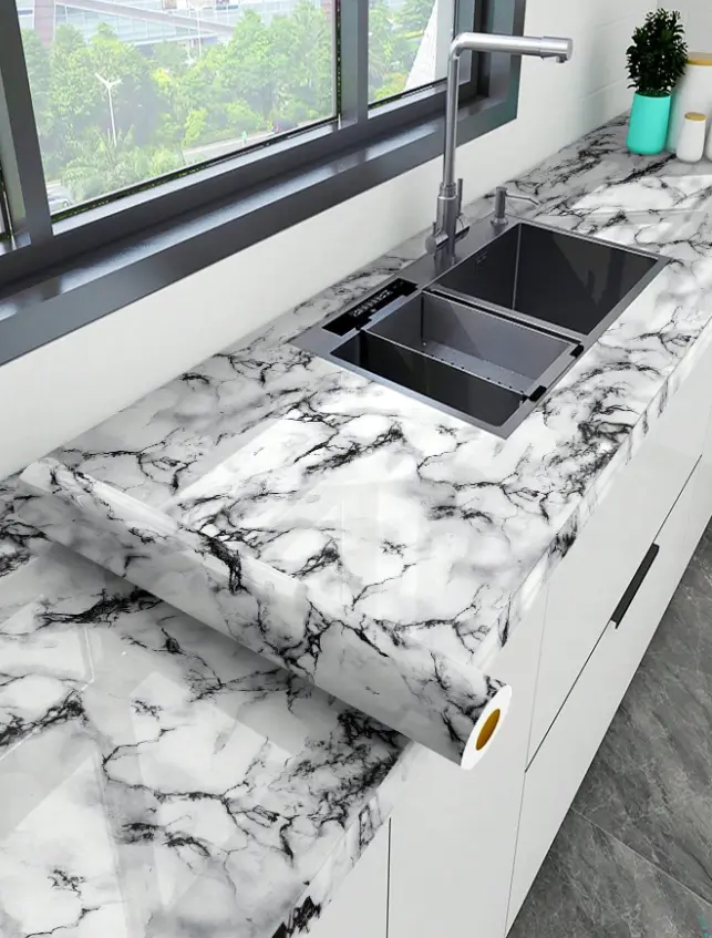 Black White Marble Peel and Stick Wallpaper, Waterproof Oil-Proof Film for Kitchen & Furniture