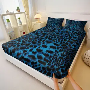 3Pcs Minimalist Blue Leopard Fitted Sheet Set,Leopard Spots Print Bed Sheet Set,Elastic Deep Pocket Fitted Sheet & Pillowcases,Deep Blue & Black Leopard Accent Print,for Bedroom,Dorm & Nostalgic Home Decor