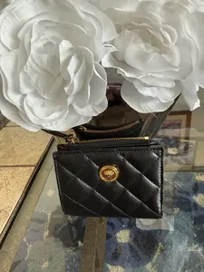 Pre-owned VERSACE Leather Compact Wallet Women's Black Quilted Compact Wallet