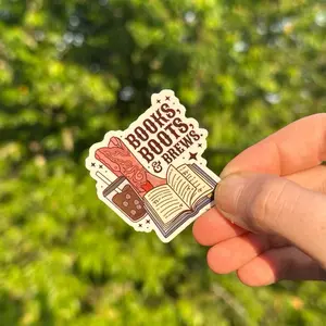 Books Boots & Brews Sticker - Coffee Book Western Design - Durable Water & Scratch-Proof - 2x2 Inches - Perfect for Water Bottles Laptops