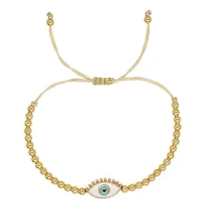 Shinus Boho Gold Plated Beaded Evil Eye Bracelet with White Enamel Eyelash Charm Handmade Adjustable Protection Gift for Women Gift for her adjustable fashion accessory