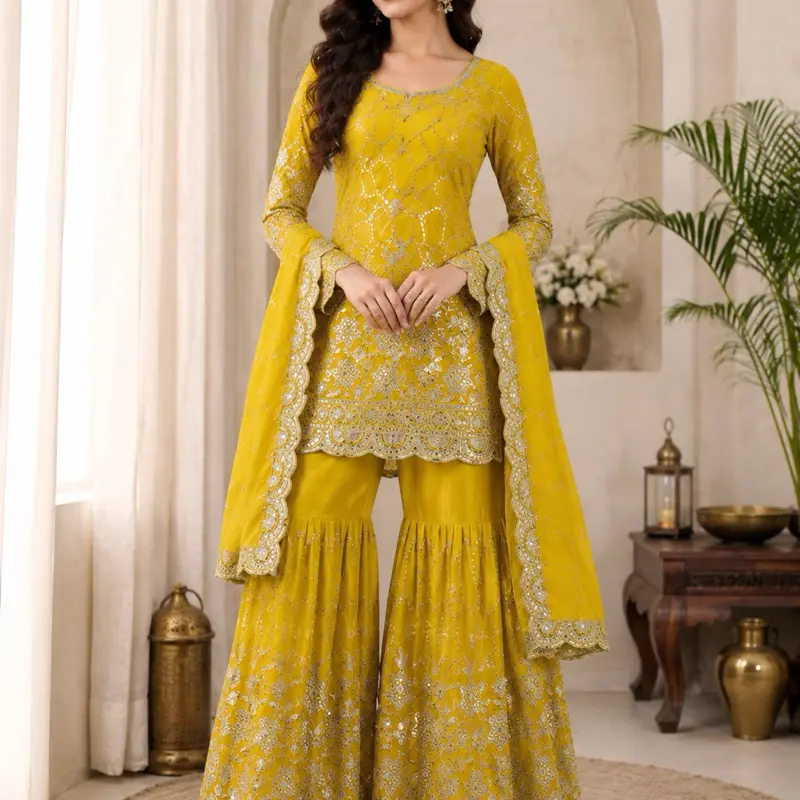 Women's Yellow Party Wear Suit Indian Heavy Embroidered Lehenga Choli Set Sizes 36-44