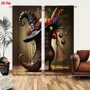 2D Flat  Hot 2-Piece Witchy Steampunk Curtain Set Brown Leather Witch Boot Design with Gold Embossing, High Heel, Black Witch Hat Adorned Pumpkins Grapes Berries & Christmas Baubles, Broom Handle Accent, Magical Festive Gradient Background Curtains