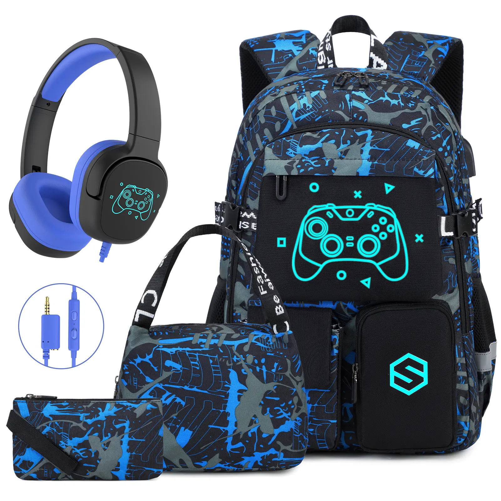 SIMILOVE Luminous Waterproof Backpack Set-Includes School Bag, Lunch Bag, Pencil Case & Headphone/Sling Bag, Lightweight, School Backpack Book Bag For Back- to -School Students