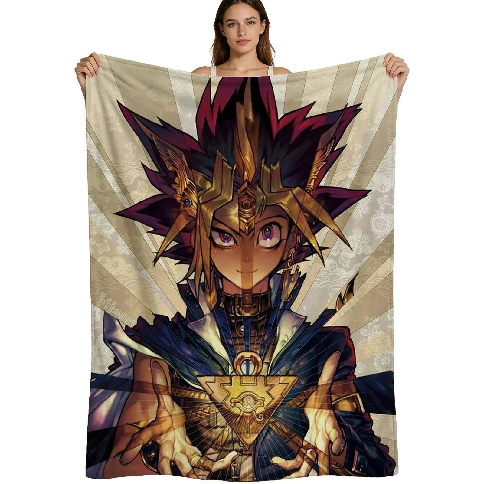 Anime Style, Warm Flannel Blanket, Yu Gi Oh Pharaoh Millennium Puzzle Design, Soft Plush Fabric With Vibrant Digital Print, For Fans And Bedroom Decor, 4 Sizes Available Single Pack