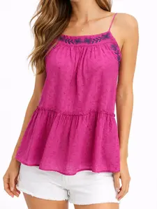 Women's Fuchsia Embroidered Cami Top – Flowy Tiered Babydoll Tank