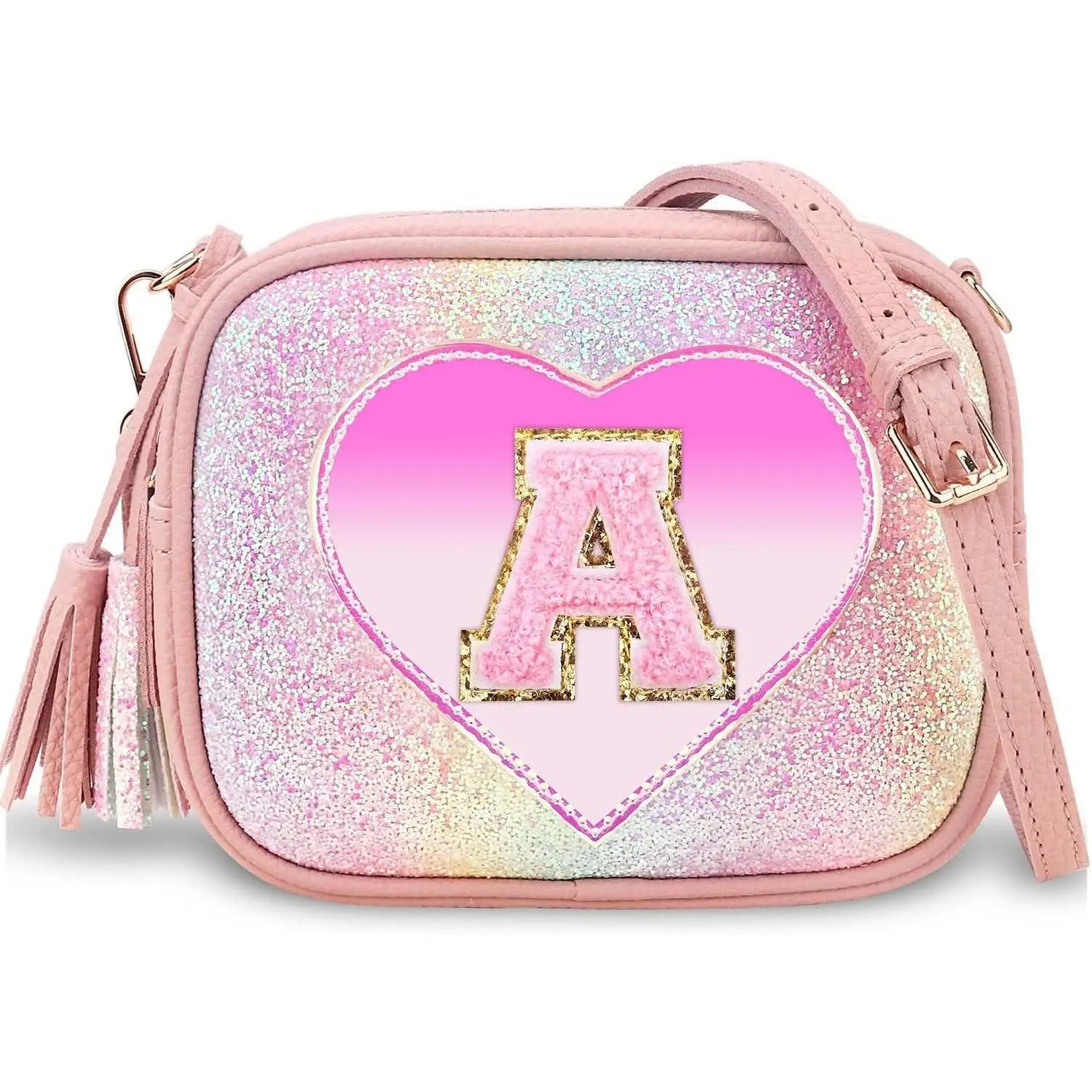 Kids' Personalized Initial Letter Heart Patch Crossbody Bag - PU Leather Zip Toddler Pouches, Cute Adjustable Strap Plain Minimalist Unisex Bag, Hand Wash Only, 21x5x12.95cm