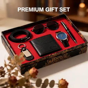 Men Fashion Accessory Set Watch Belt Wallet Sunglasses Cufflinks Pen Business Wedding Party Gift for Boyfriend Father Valentine Day Father's Day Gift
