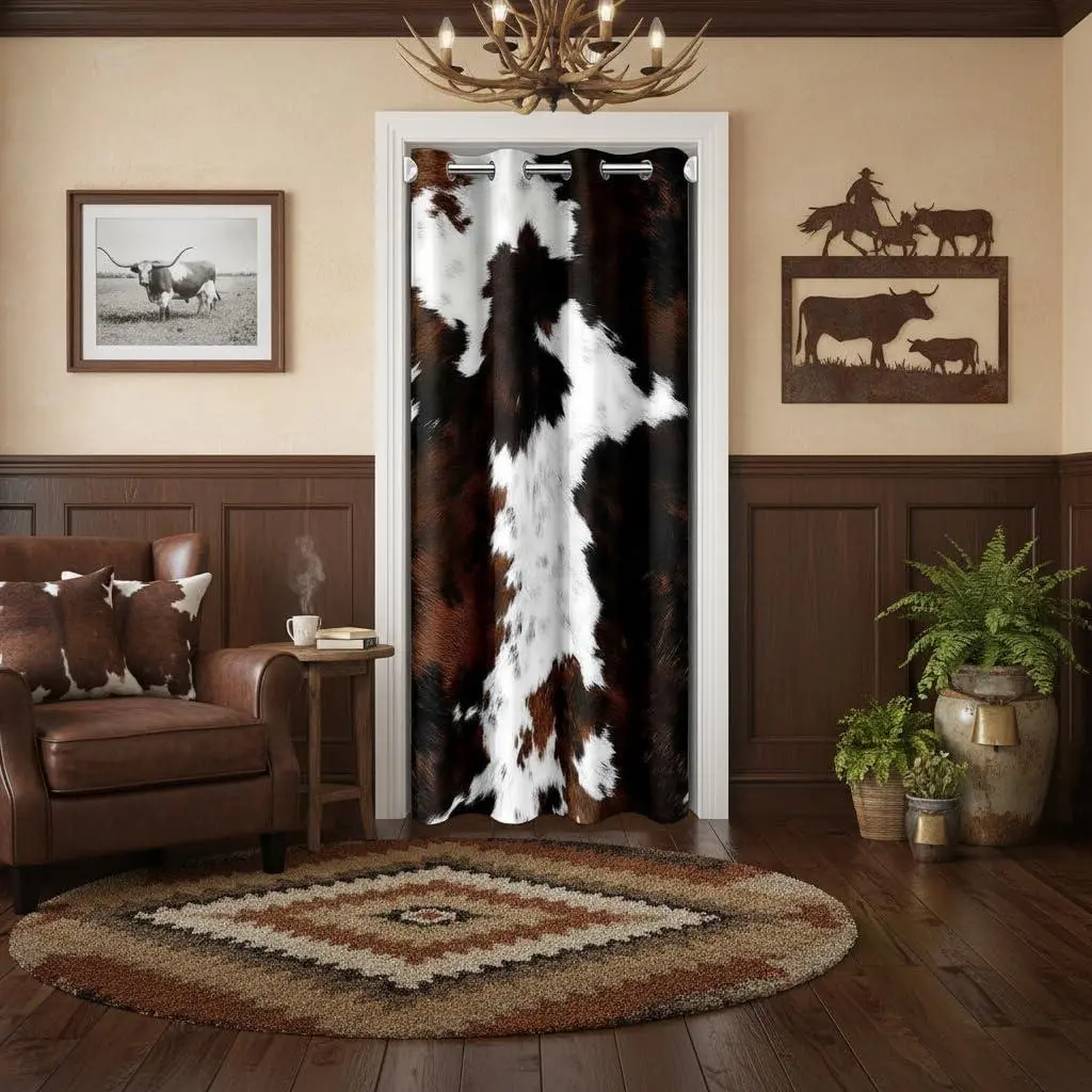 Cowhide Print Curtain Youth Adult,Abstract Maroon and White Cow Fur Pattern Blackout Door Drape,Animal Theme Closet