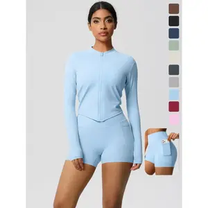 Two-Piece Set Women's Solid Zip Up Crop Jacket & Skinny Shorts Tracksuit Set, Sporty Casual Breathable for Yoga Gym Workout Running, Ladies Sportswear for All Seasons, Yoga Suit Outdoor