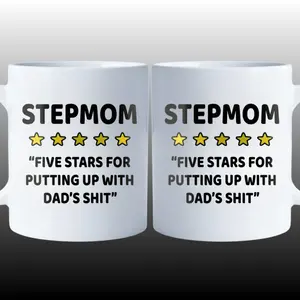 Five Stars Review Stepmom Mug, 2 Sided Print Funny Bonus Mom Coffee Mug