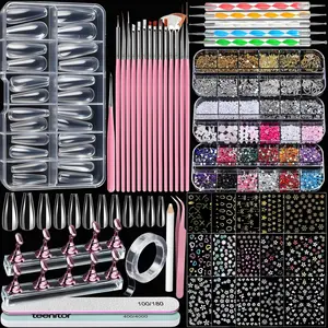 Acrylic Nail Kit with Clear Coffin Nail Tips, Nail Charms and Gems, Nail Stickers, Nail Art Brushes, Nail Dotting Tools, Nail Stand, Press On Nails Kit for DIY Nail Art