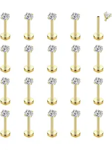 20Pcs 16G Surgical Steel Labret Piercing with Zircon 3MM Labret Studs Piercing Tragus Helix Cartilage Ear Piercing for Women Men Silver Gold Vertical Labret 6/8/10mm