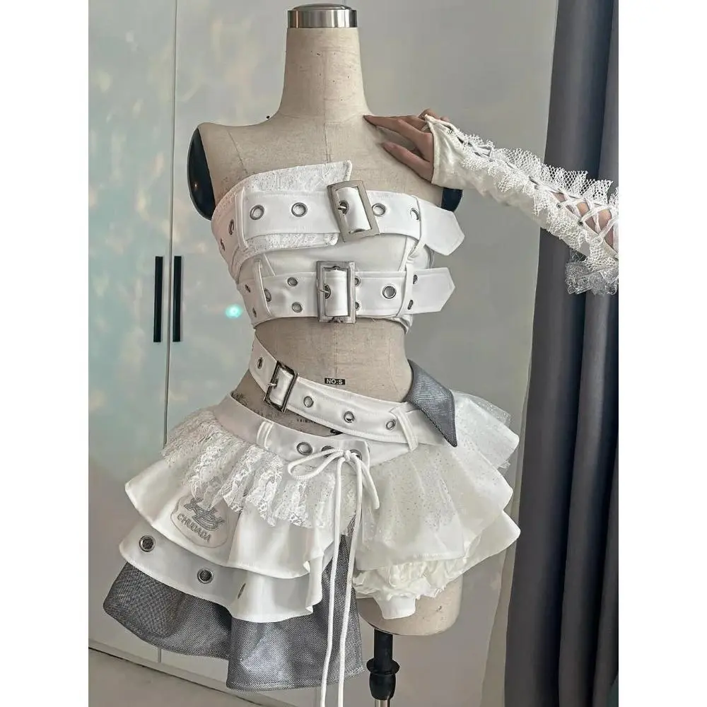 2000s Aesthetic Punk Style Women New 2 Piece Set Sexy Strapless Tops + High Waist Skirt Female Retro Chic Korean Popular Clothes