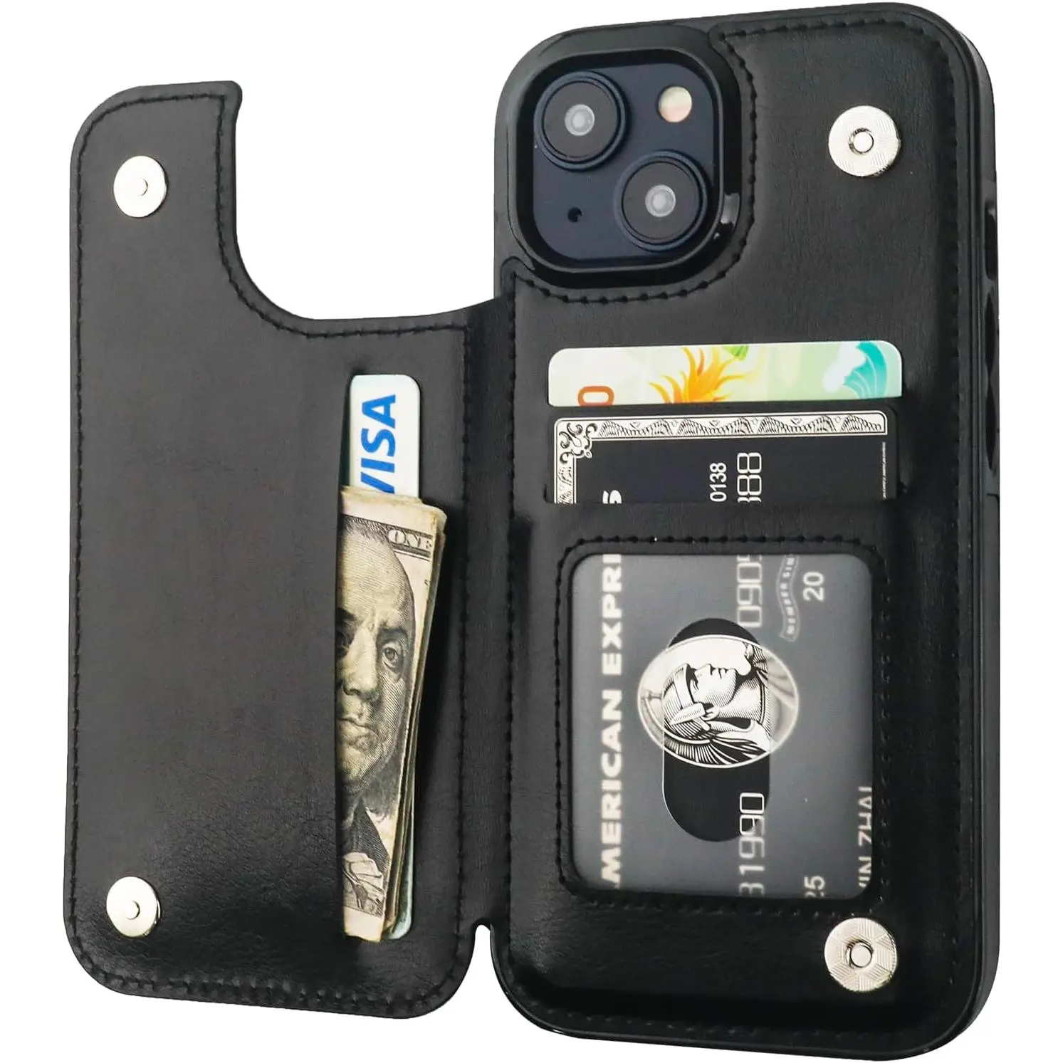 Compatible with iPhone 17 pro Wallet Case with Card Holder, PU Leather Kickstand Card Slots Case, Double Magnetic Clasp and Durable Shockproof Cover 6.1 Inch (Black)
