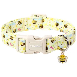 DOGWONG Bee & Flower Dog Collar, Adjustable Soft Cotton Puppy Accessory for Small to Large Girl Boy Dog Breeds