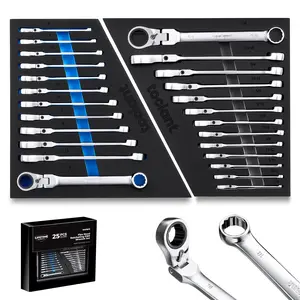 toolant 25pcs Ratcheting Wrench Set, Flex Head & Offset Head Double Box-End Ratcheting Wrench Set, 8-19mm & 1/4"-7/8" Set, 90-Teeth and 4° Swing, with Storage Tray