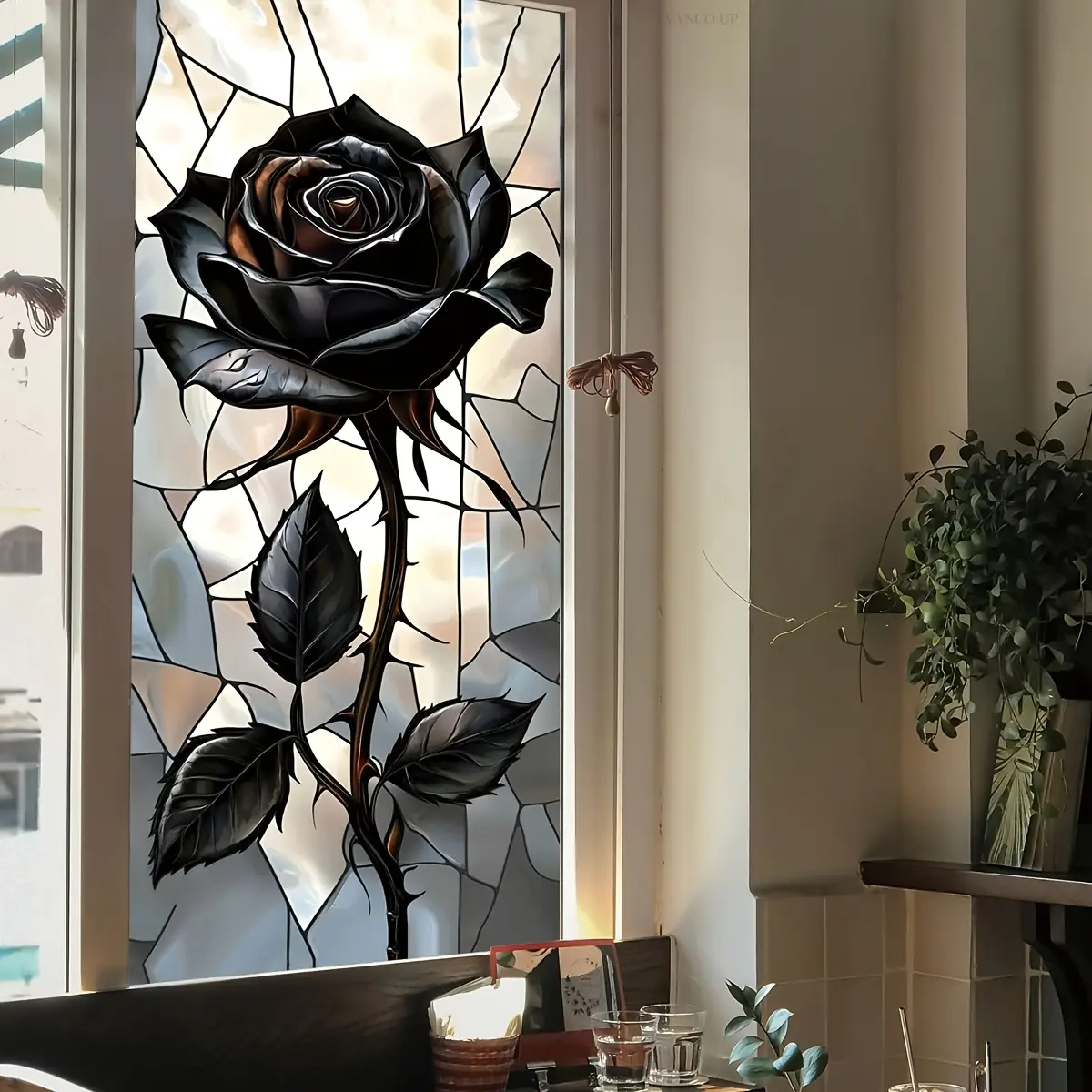 A piece of (45*100cm) electrostatic adsorption black rose decorative sticker, Removable Window Decal, for beautifying living room and bedroom windows, model D18027-KL, Decoration Items, Sticker Decorations, Home Decor