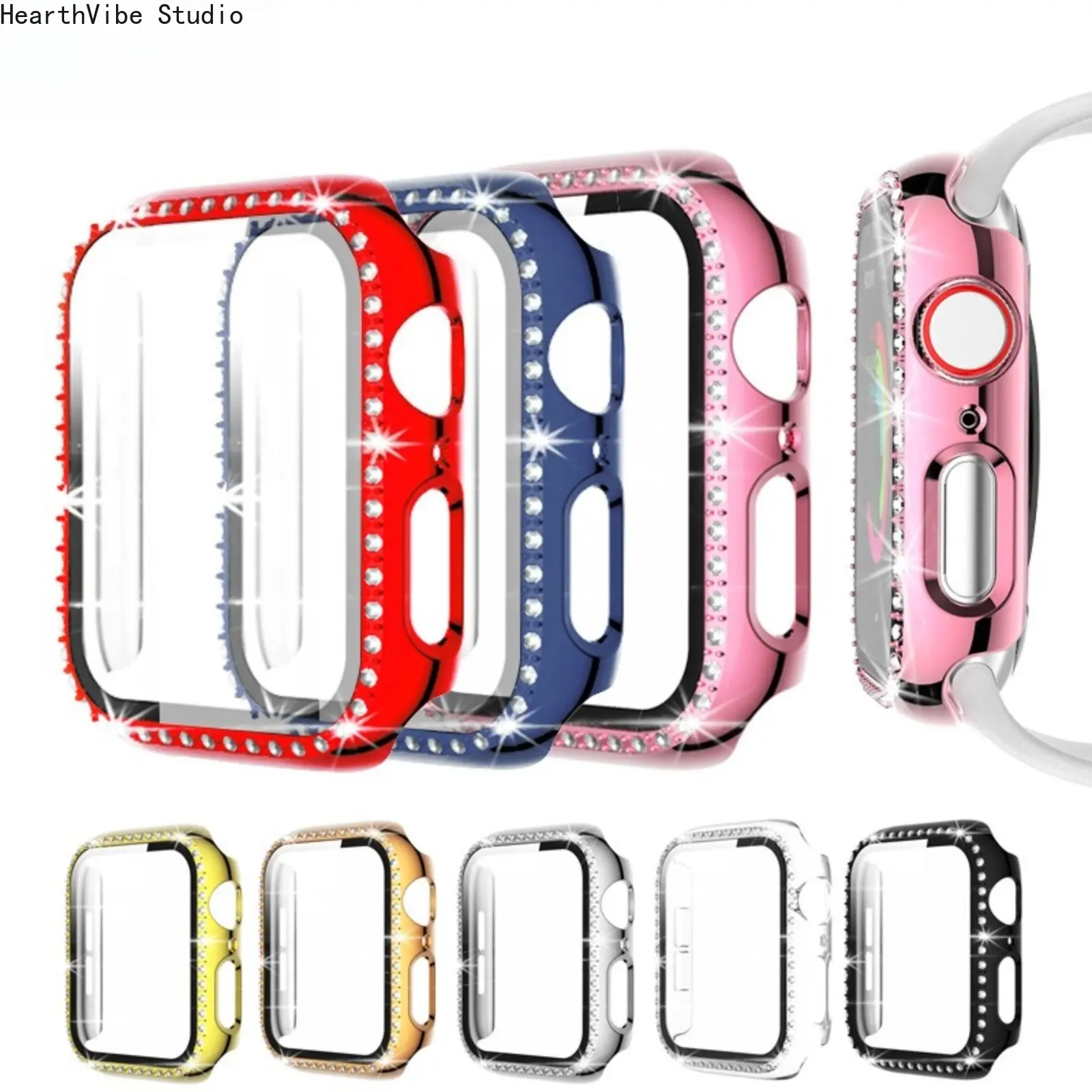 Unisex iWatch Protective Cover with Tempered Glass Screen Guard - 1#Transparent Single Drill Integrated Shell, 2#Silver Single Diamond Hollow Shell - Sports Camping Accessory Compatible with iWatch Series 10-9-8, 2 #Silver Single Diamond Integrated Shell