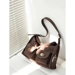 Vintage Gold-Plated Lock Multi-Pocket Single Shoulder Pillow Bag Retro Artistic Casual Wide Shoulder Strap Large haversack Bag Brown crossbody  bag