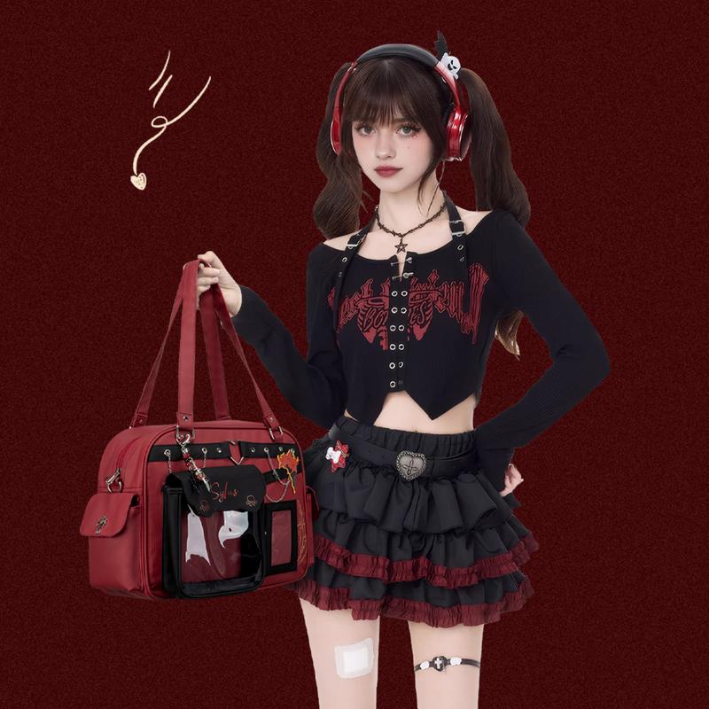 KabaqooOfficial Qin Che Anime Ita Bag for Women Red Large Crossbody Bag with Clear Front Pocket Perfect for Pins Charms & Collections