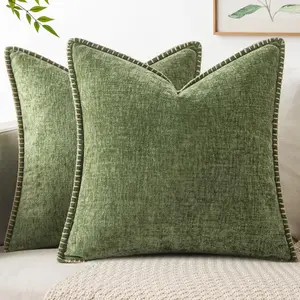 Pack of 2 18x18 Inch Couch Throw Pillow Covers Sage Green Farmhouse Decorative Soft Chenille Solid Dyed Summer Pillow Covers with Stitched Edge for Sofa Bed Living Room