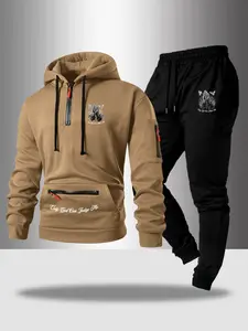 Men's Half-Zip Hoodie Set with Long Pants, Trendy Pocket Zip Design, Pigeon Pattern Letter Print, Loose Fit Casual Fashion