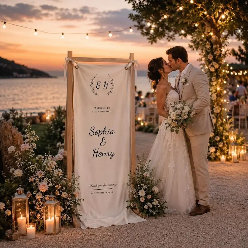 Custom Wedding Welcome Sign Fabric Banner with Wooden Stand Option