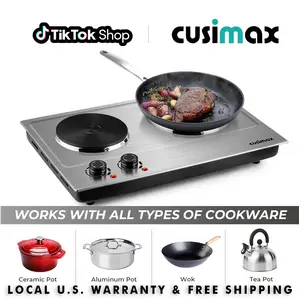 CUSIMAX 2 Burner Corded Portable Hot Plate - 1800W Stainless Steel Electric Cooktop, Dual Cast Iron Heating Plates, Auto Shutoff, Easy-to-Clean Silver Upgraded Version, Ideal for Camping, Two Burner,summervibes