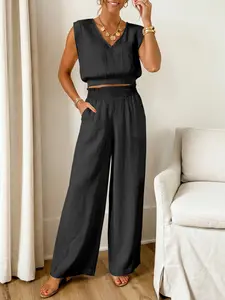 Fisoew  Sports 2026 Women's  Summer 100% cotton 2-Piece Solid Color Tank Top & Wide Leg Pants Set, Matching Casual Fashion Breathable  Outfit for Daily Outdoor Wear,
