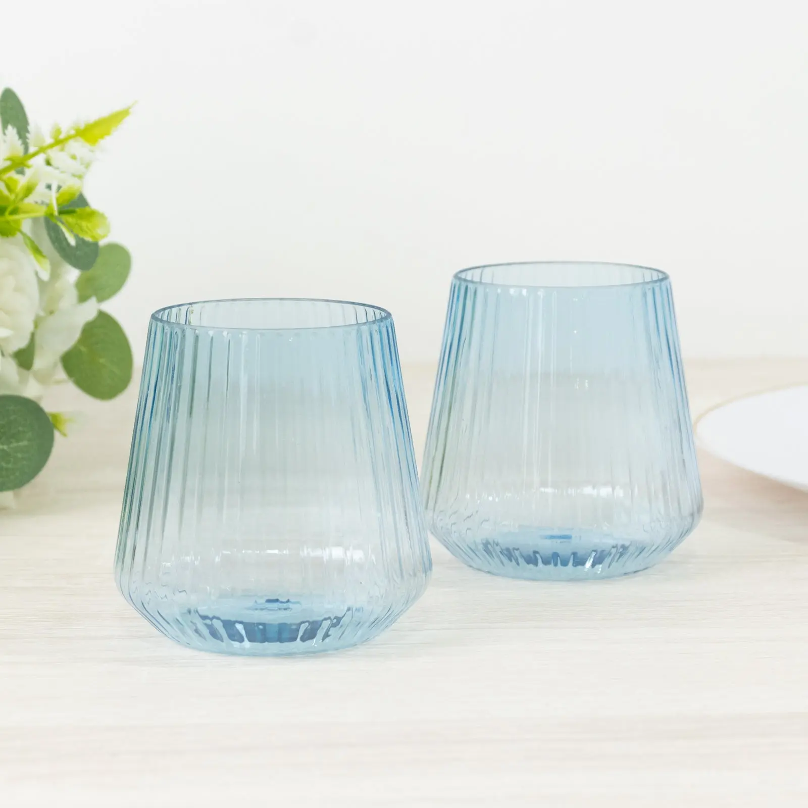 12-Pack Transparent Dusty Blue Plastic Stemless Wine Glasses – 12oz Ribbed Design, Reusable Shatterproof Cocktail Tumblers