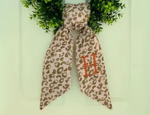 Monogram chinoiserie khaki leopard wreath sash for front door, personalized embroidered fall wreath sash, custom wedding bridal shower gift