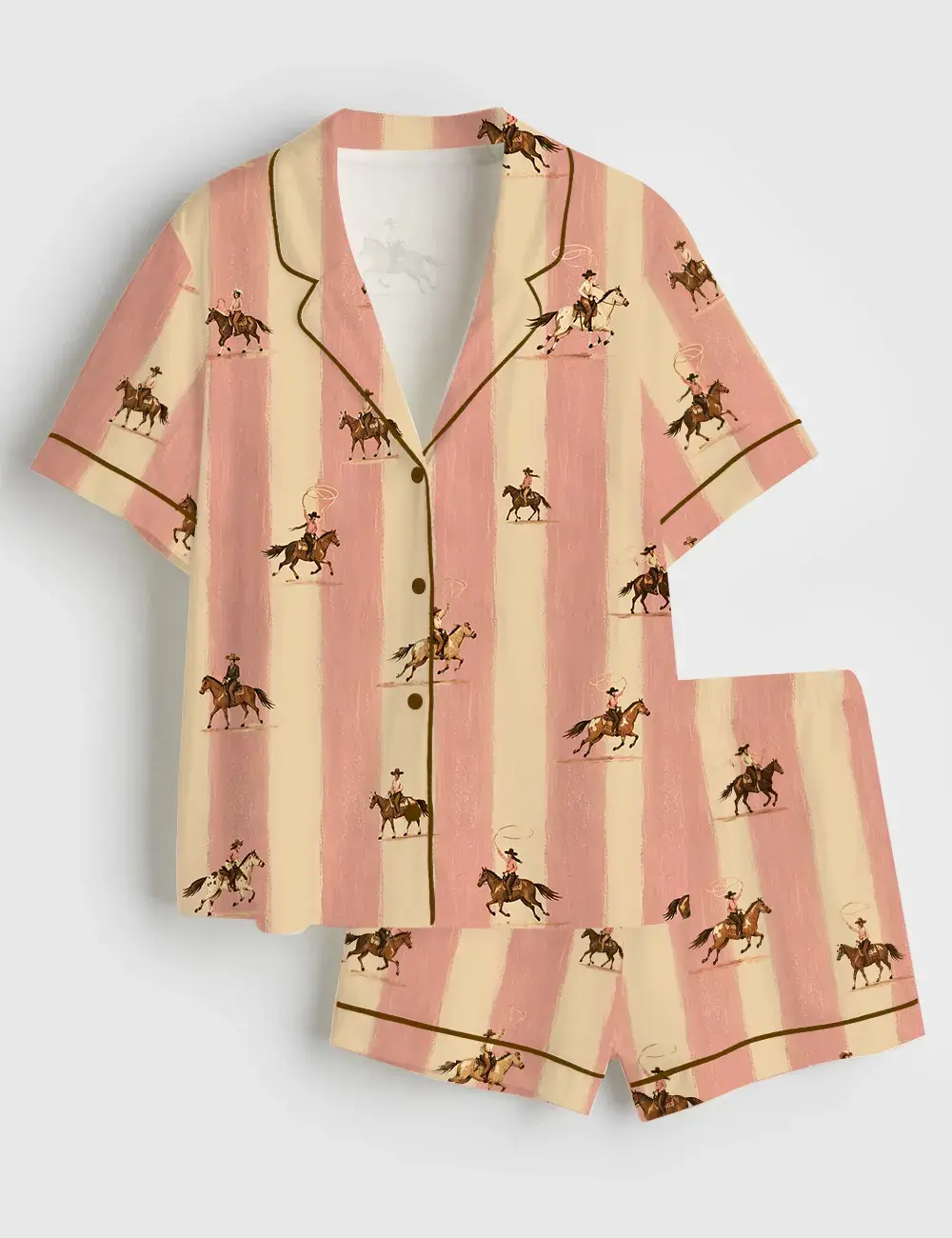 Western Cowgirl Riders Striped Ranch Art Print Short and Long Sleeve Pajama Set, Sleepwear for Women