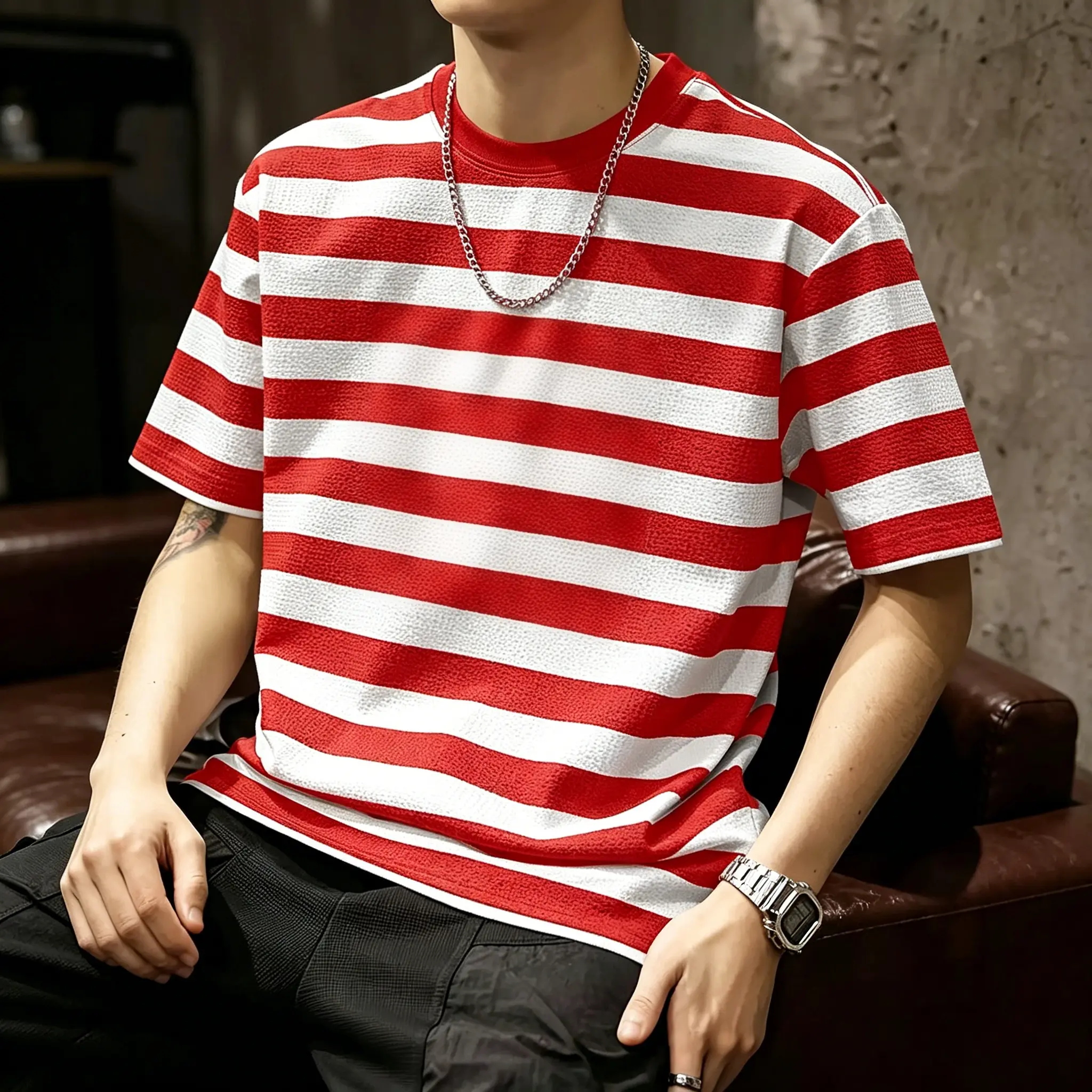 Men's Casual Summer Striped 3D Print Menswear Top - Loose Red and White, Round Neck Short Sleeve, Suitable for Casual Wear