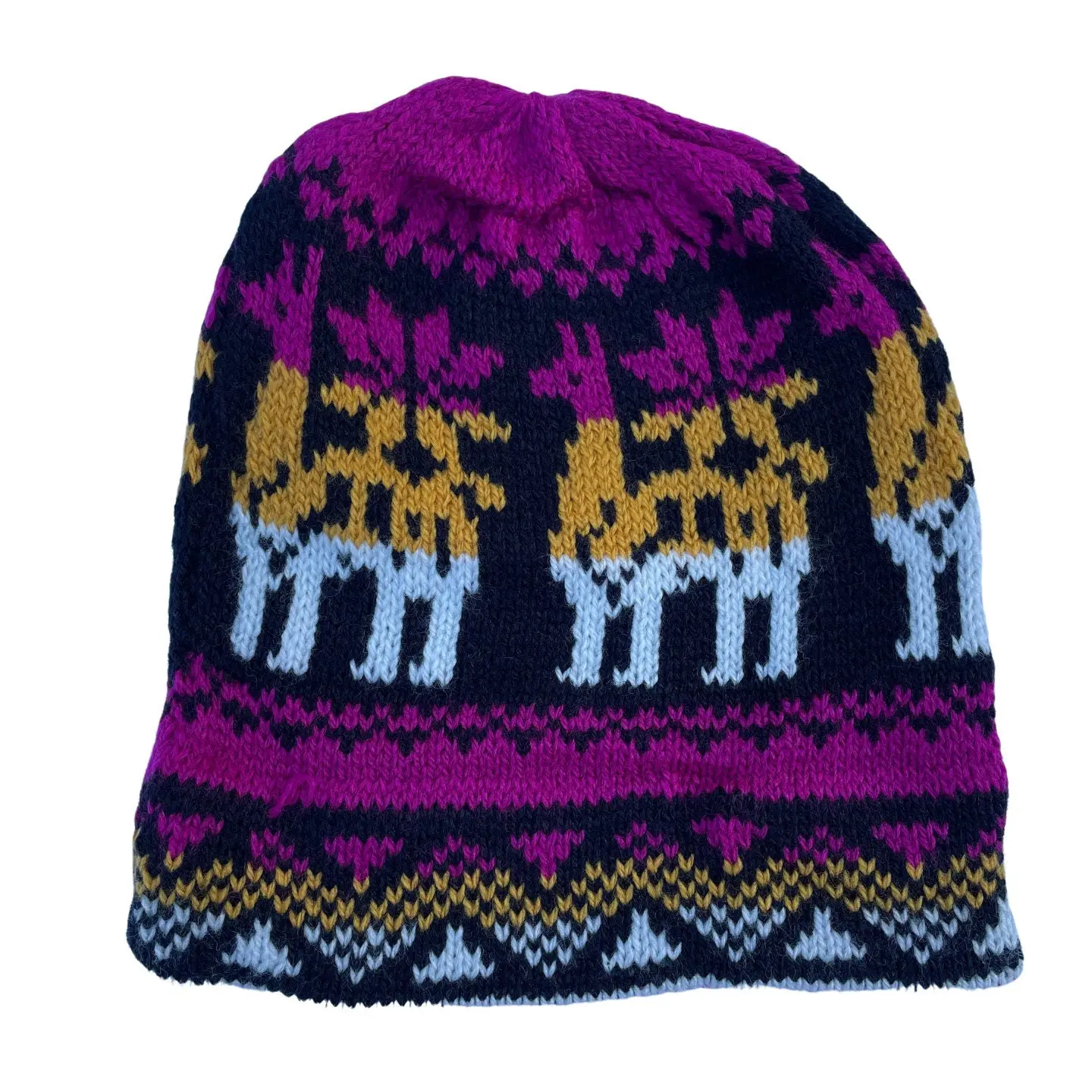 Hand-Knitted Alpaca Beanie Hat, Unisex Peruvian Chullo with Llama Design in Magenta Black - Soft & Warm for All Year Round Casual Wear, Fits 18-20 Inches, Knitted Beanie, Christmas, Daily, Evening