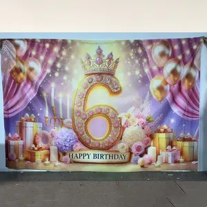 2D flat banner 6th Happy Birthday Decoration for Girls Princess Party Background Banner with Balloons Flowers Outdoor Banner for Photography Home & Party Decor, Party Backdrop Decoration, Party Decorations Banners