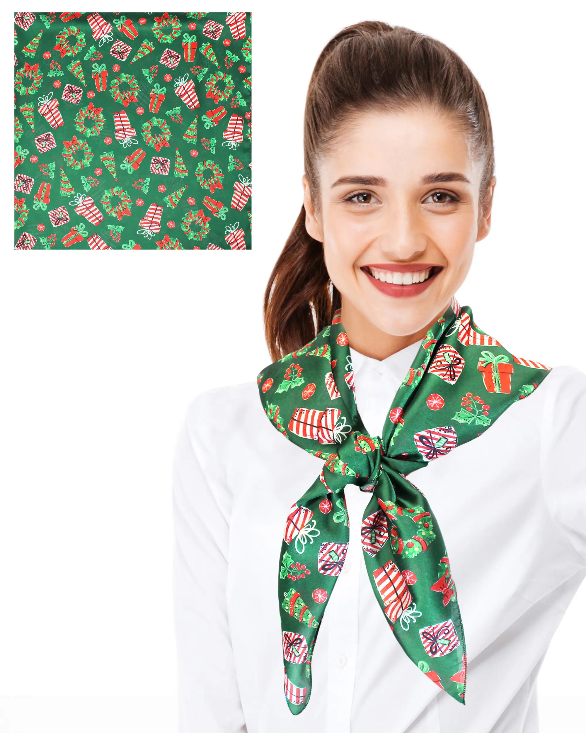 CBC Crown Women's Christmas Print Square Scarf, Elegant Silky Polyester Holiday Fashion Accessory, 35" x 35", Basic
