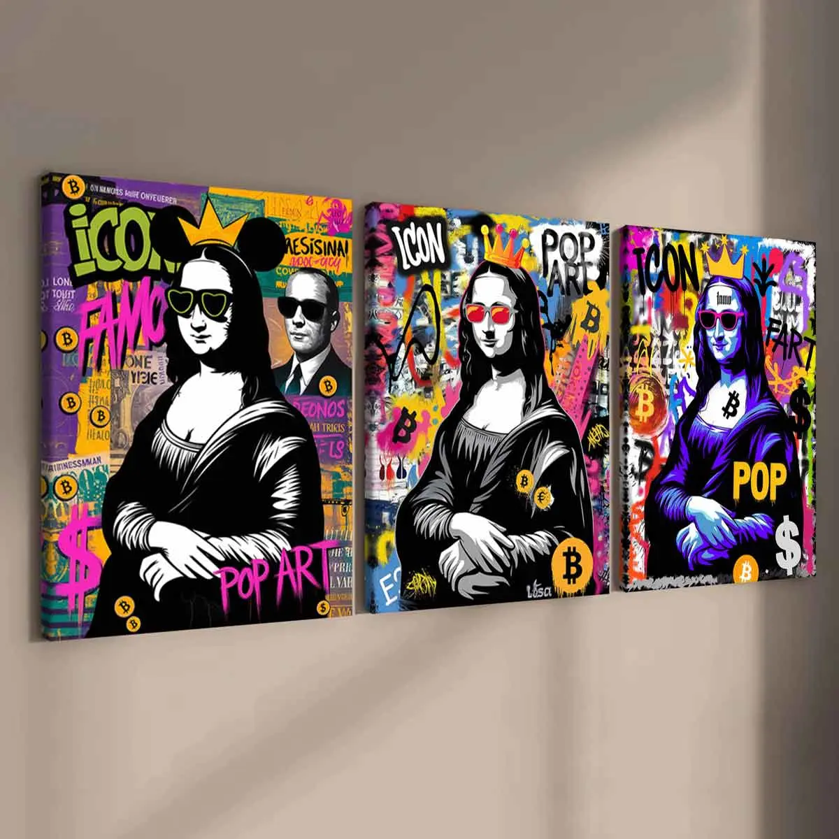 3-Piece Wooden Frame Canvas Art Poster Set, Creative Character Posters, Mona Lisa Design, Modern Home Decor, Waterproof Wall Art