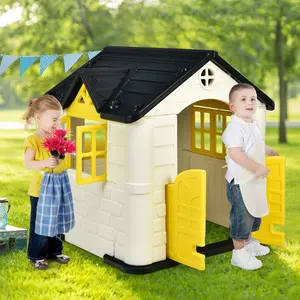Costzon Playhouse for Kids, Outdoor Garden Games Cottage w/Working Doors & Windows, Pretend Toy House w/Picnic Table, 7 PCS Toy Set & Tray, Waterproof Cover, Gift for Boys & Girls Ages 3+