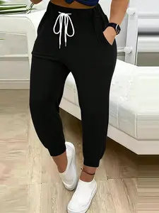 Women's Plain Basic Drawstring Waist Pocket Pants, Casual Comfy Trousers for Daily Wear, Ladies Bottoms for All Seasons