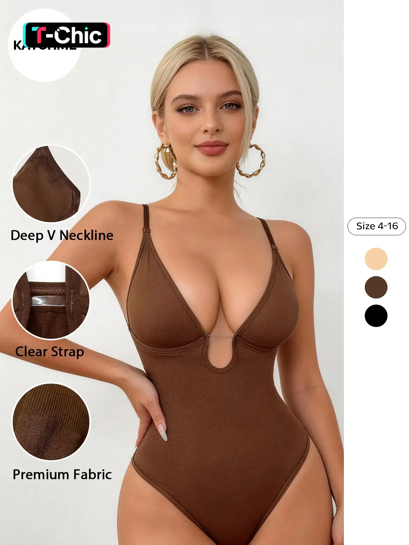 KatchMe  Women's Elegant Solid Color Deep V Neckline Seamless Breathable Bodysuit, Skin-Friendly Thin Strap Tight Fit Shapewear, Stretchy Sport & Outdoor Clothing