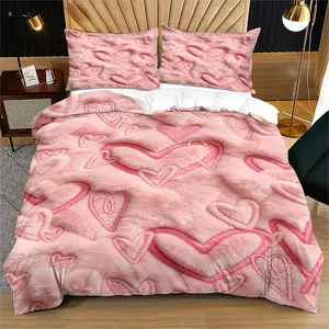 Imitation Rabbit Fur Heart Print Duvet Cover Set, Romantic Healing Style Bedding, Valentine's Day Themed Gift Decoration