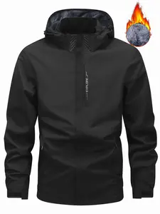 Men's Winter Fleece Lined Hooded Jacket with Letter Print, Suitable for Outdoor Sports and Travel Waterproof Windproof Outerwear