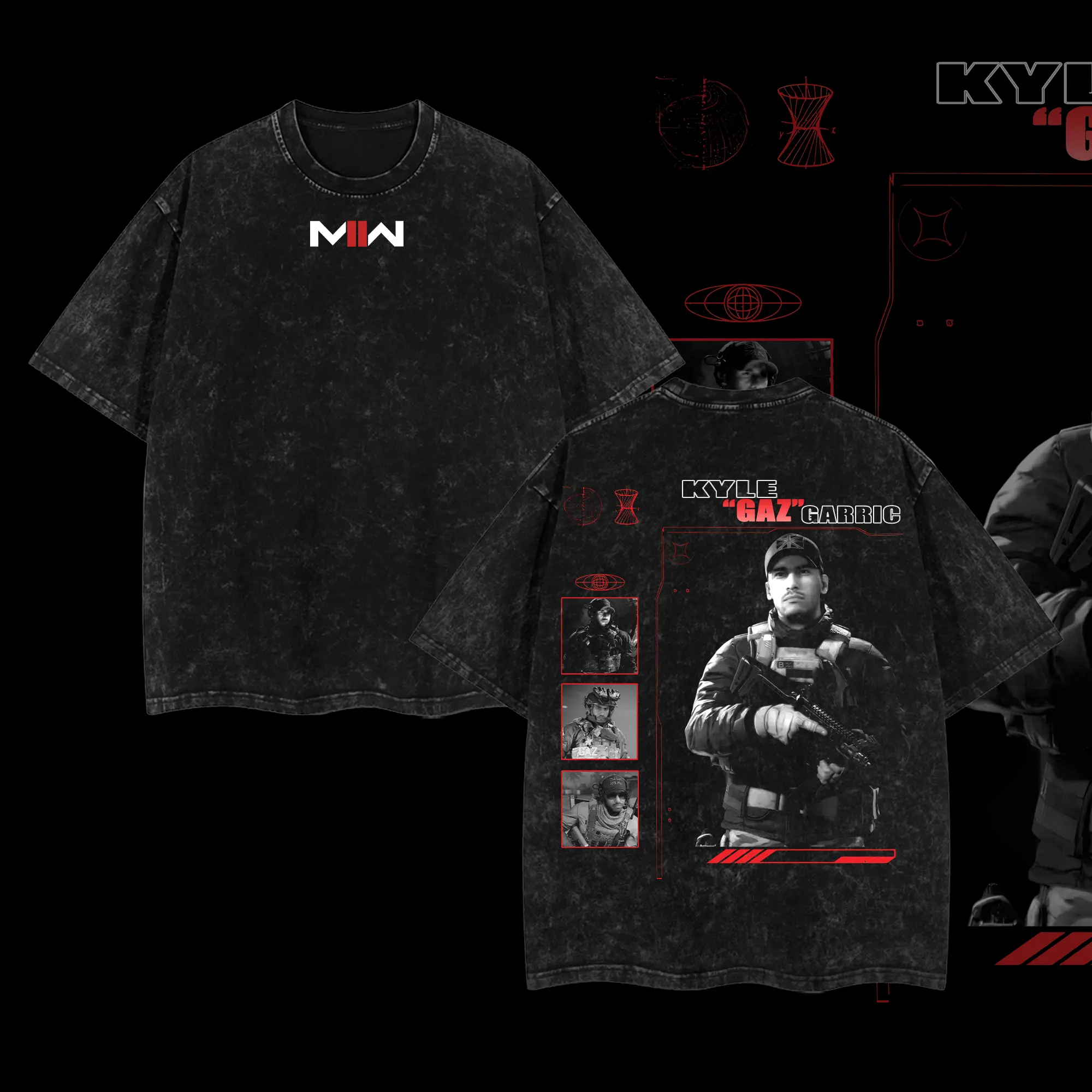Gaz COD Double Printed Oversize Lightweight Acid Washed Tee Game Graphic T-Shirt for Men Casual Day Wear Cotton Fabric - Jeans Vintage Gaming Retro Black Tee Oversized Heavyweight Cotton T-Shirts Love Menswear