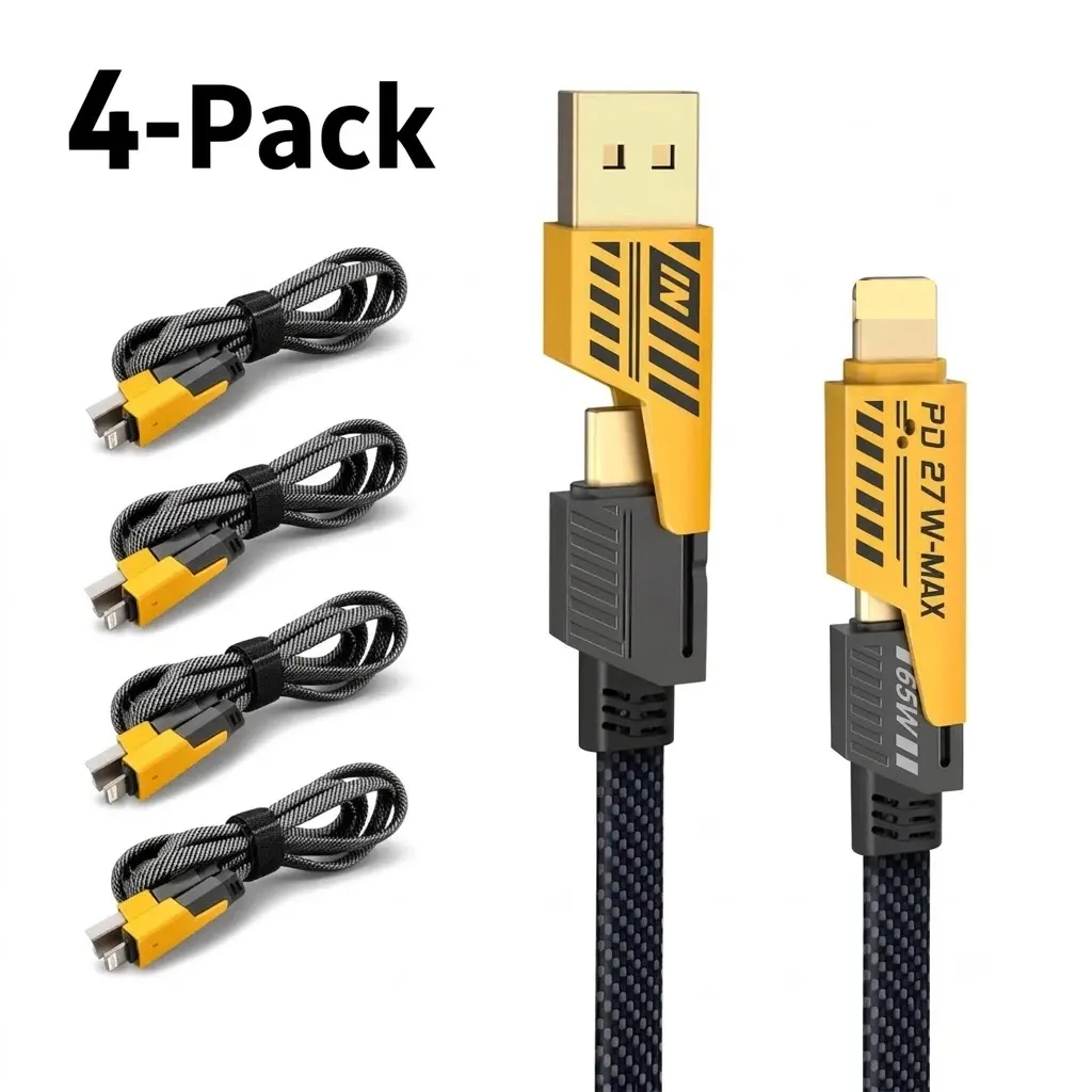 4-Pack 4-in-1 Fast Charging Cable, 47.2-Inch Braided Multi Charger Cord with USB-A, Dual USB-C and Lightning Connectors, 65W USB-C and 27W Lightning Max Output for Phones, Tablets and Laptops