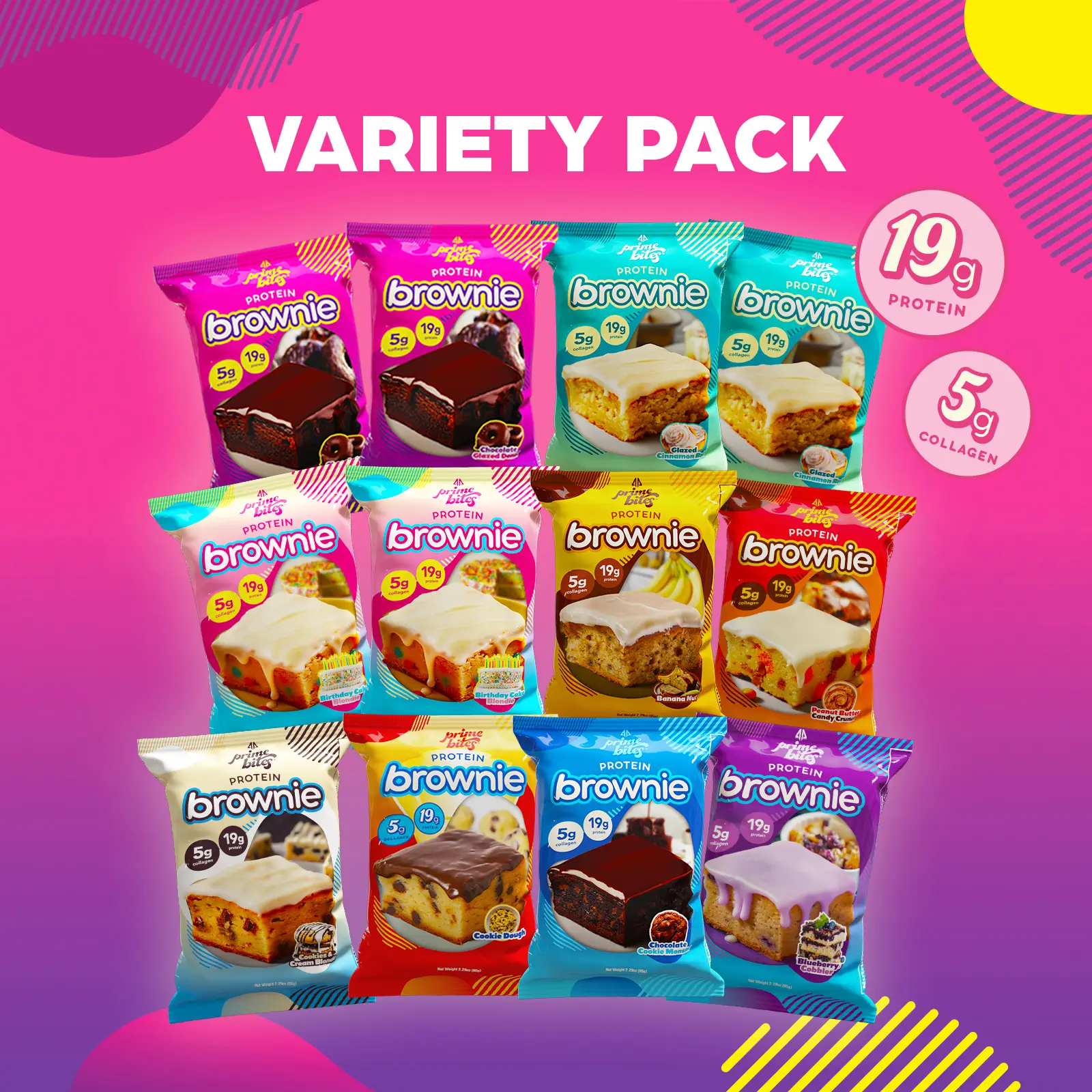 Prime Bites Protein Brownie Variety Pack - 19g Protein and 5g Collagen Chocolate Dessert